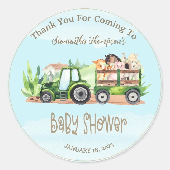 Boys Blue Green Farm Animals Tractor Baby Shower   Classic Round Sticker (Front)