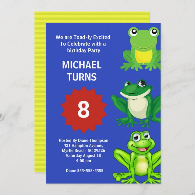 Boys Blue Green Frogs Birthday Party Any Age Invitation (Front/Back)