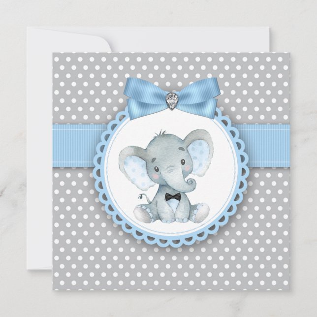 Boys Blue Grey Elephant Baby Shower Invitations (Front)