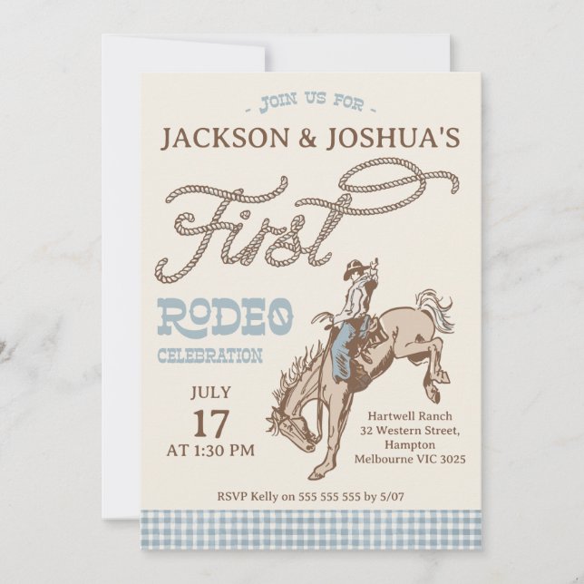 Boys Blue Grey Twins First Rodeo 1st Birthday Invitation (Front)