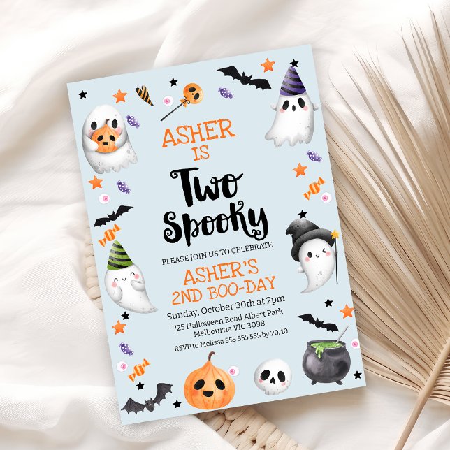 Boy's Blue Halloween Two Spooky 2nd Birthday Invitation (Blue Halloween Two Spooky 2nd Birthday Invitation, Halloween 2nd Birthday Invitation Boy, Ghosts)