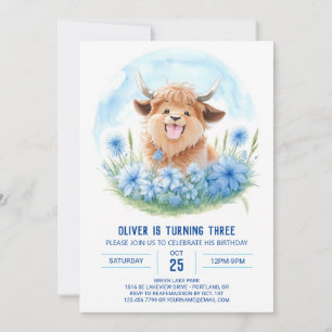 Boys' Blue Highland Cow Picnic Kids Birthday Invitation
