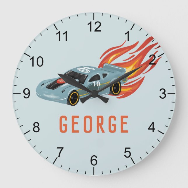 Boys Blue Hot Flames & Racing Car Kids Room Large Clock (Front)