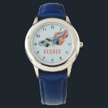 Boys Blue Hot Flames & Racing Car Kids Watch<br><div class="desc">This cool boy's watch design features a blue racing car with black wheels and hot flames,  numbers,  and has place for you to add your kids name in simple typography. The perfect gift for any racing car enthusiast. Check out the rest of our collection for other cute kids items.</div>