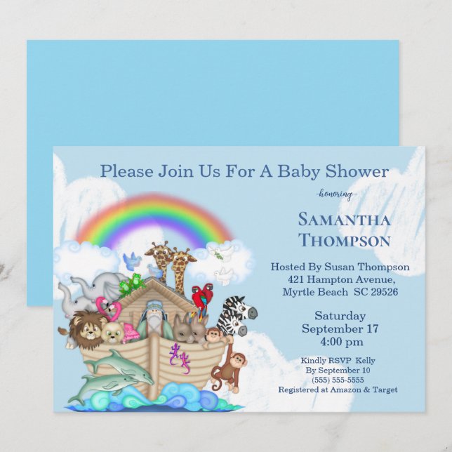 Boy's Blue Noah's Ark Baby Shower Invitation (Front/Back)
