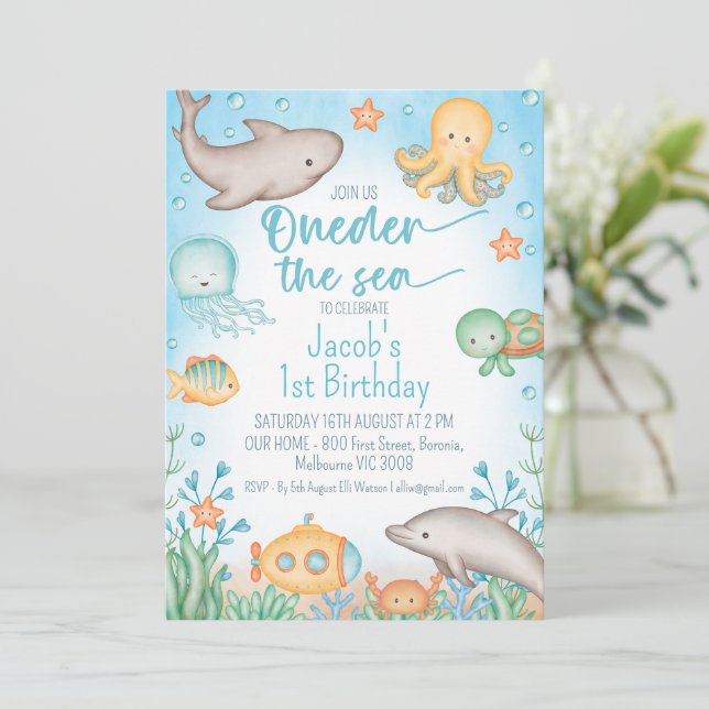 Boys Blue Ocean Oneder The Sea 1st Birthday Invitation (Standing Front)