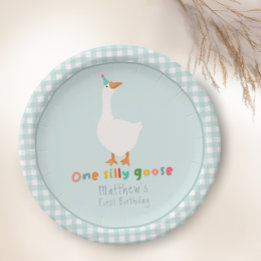 Boys Blue One Silly Goose 1st Birthday Paper Plate