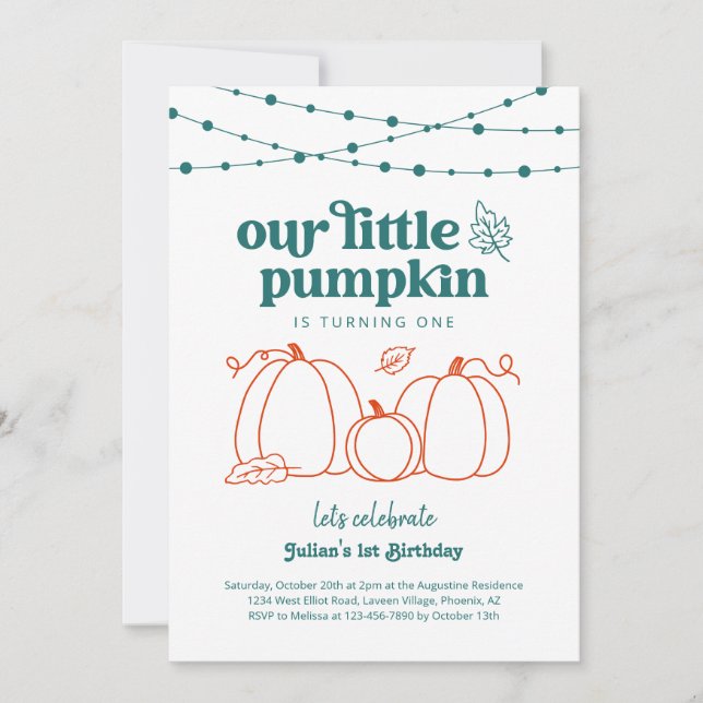 Boys Blue Our Little Pumpkin First Birthday Party Invitation (Front)