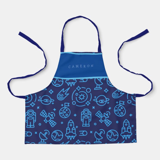 Boys Blue Outer Space Symbols Pattern Name Apron (Front)