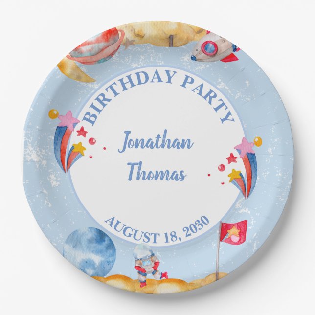 Boys Blue Outerspace Astronaut Birthday Party   Paper Plate (Front)