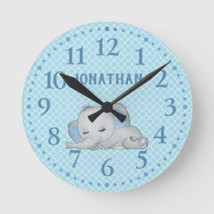 Boys Blue Personalized Cute Elephant Baby   Round Clock
