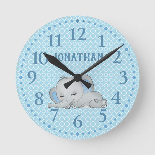 Boys Blue Personalized Cute Elephant Baby   Round Clock (Front)