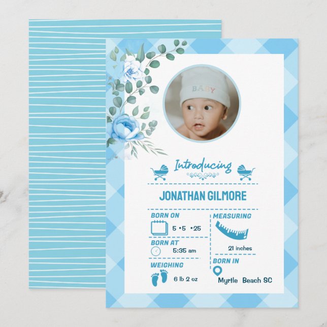 Boys Blue Photo Birth Stats Announcement (Front/Back)