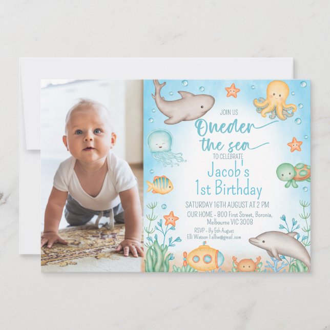 Boys Blue Photo Oneder the Sea 1st Birthday Invitation (Front)