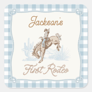 Boys Blue Plaid Cowboy 1st Rodeo  Square Sticker