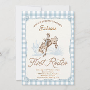Boys Blue Plaid Cowboy First Rodeo 1st Birthday Invitation