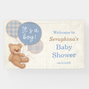 Boys Blue Plaid Teddy Bear Baby Shower Banner