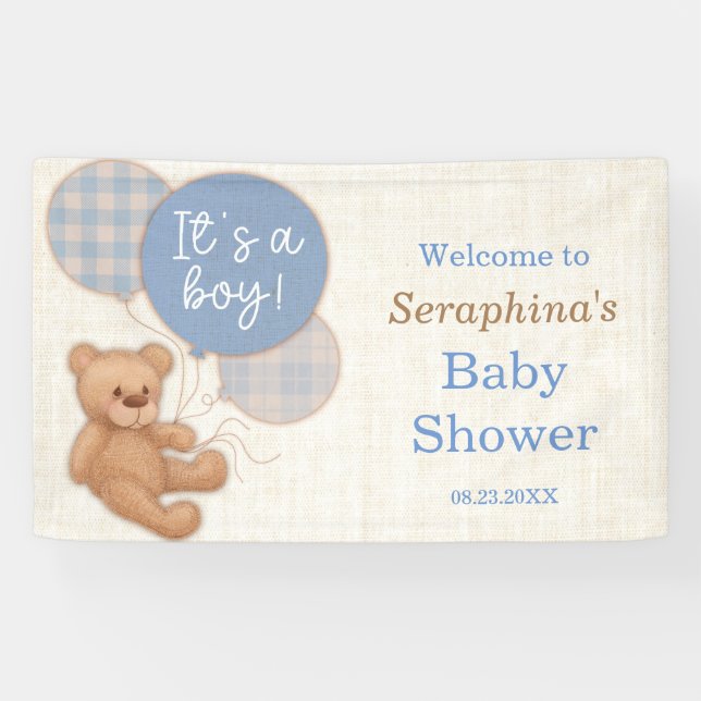 Boys Blue Plaid Teddy Bear Baby Shower Banner (Horizontal)