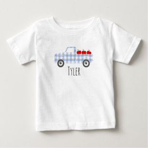 Boys Blue Plaid Truck with Apples Personalised  Baby T-Shirt