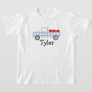 Boys Blue Plaid Truck with Apples Personalised T-Shirt