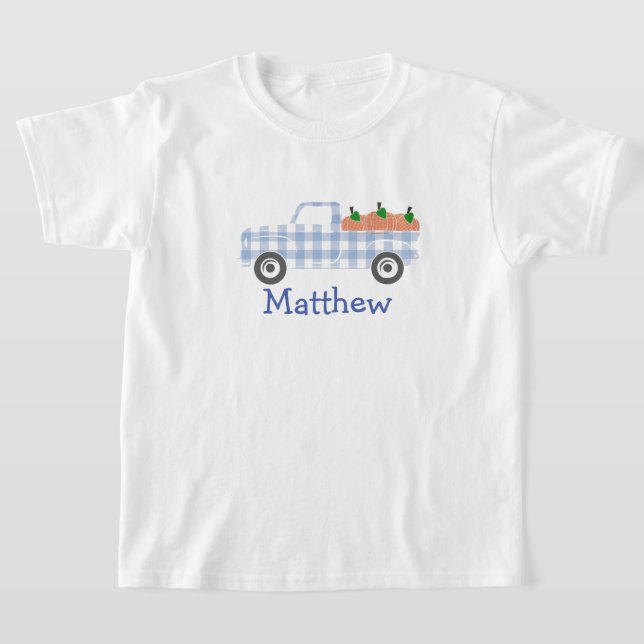 Boys Blue Plaid Truck with Pumpkins T-Shirt (Laydown)