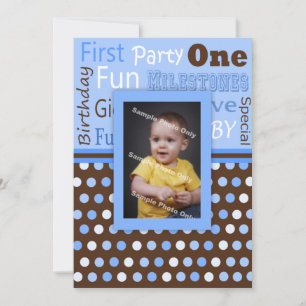 Boy's Blue Polka Dots Baby's First Birthday Photo Invitation