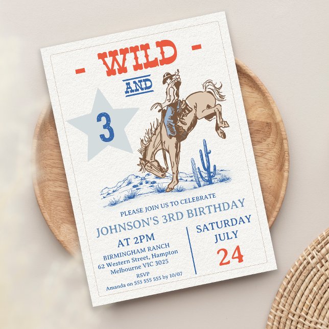 Boys Blue Red Wild and Three Rodeo 3rd Birthday  Invitation (Wild and Three 3rd Birthday Invitation, Rodeo 3rd Birthday Invitation, Cowboy Wild West Western)