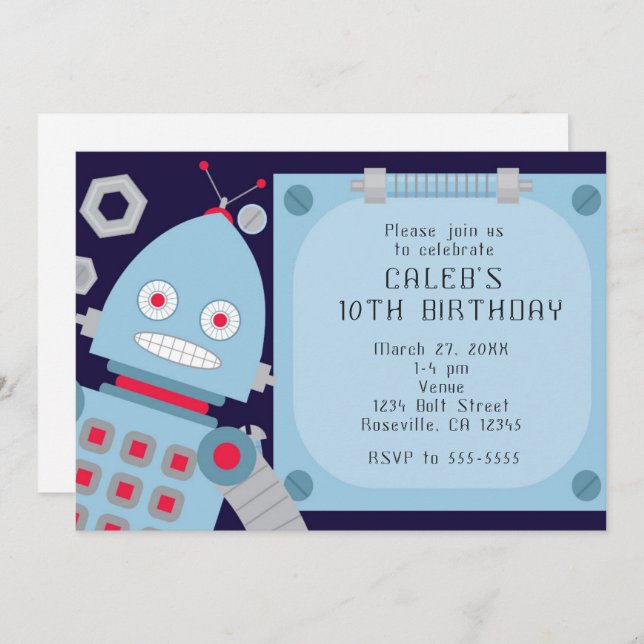Boys Blue Robot Custom Birthday Party Invitations (Front/Back)