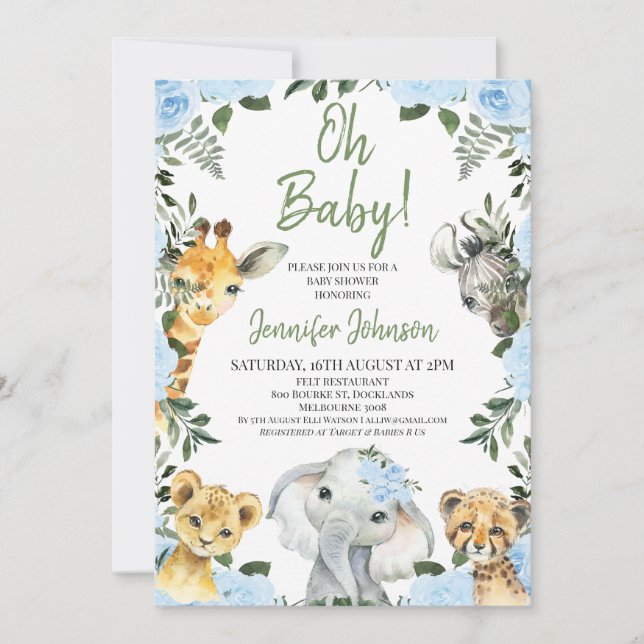 Boys Blue Roses Safari Animals Baby Shower Invitation (Front)