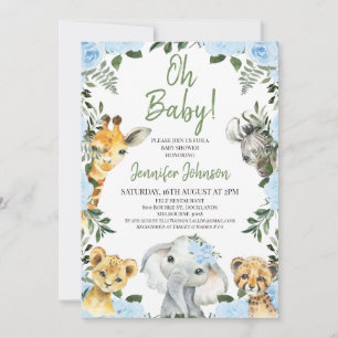 Boys Blue Roses Safari Animals Baby Shower Invitation