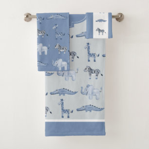 Boy's Blue Safari Animal Pattern & Name Kids Bath Towel Set