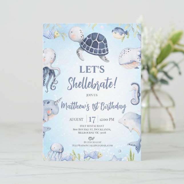 Boys Blue Sea Turtle Lets Shellebrate 1st Birthday Invitation (Standing Front)
