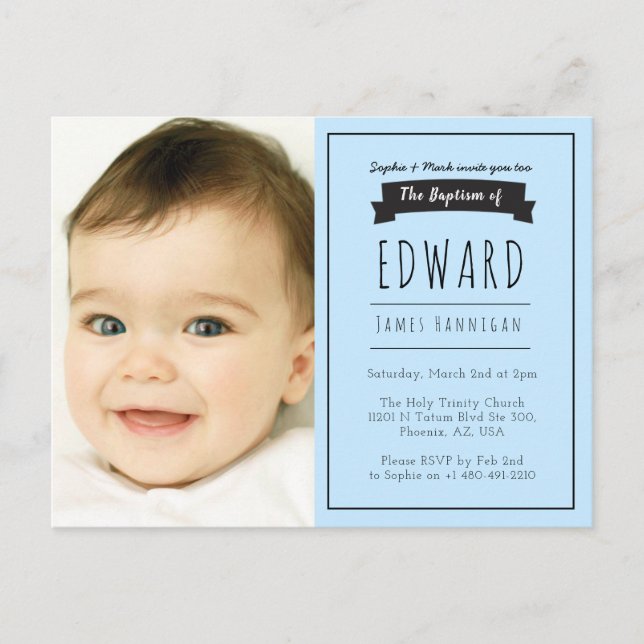 Boys blue simple, baptism invitation postcard (Front)