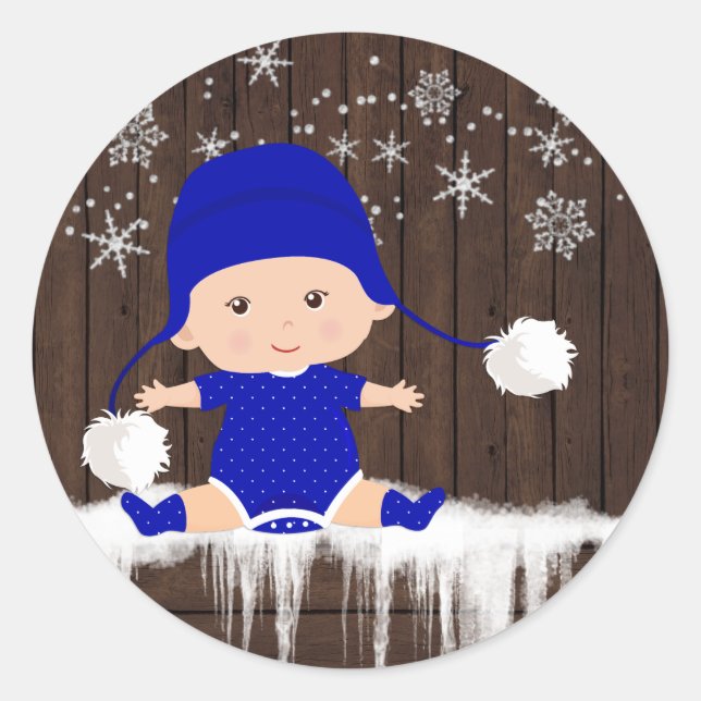 Boys Blue Snowflake Baby Shower Stickers (Front)