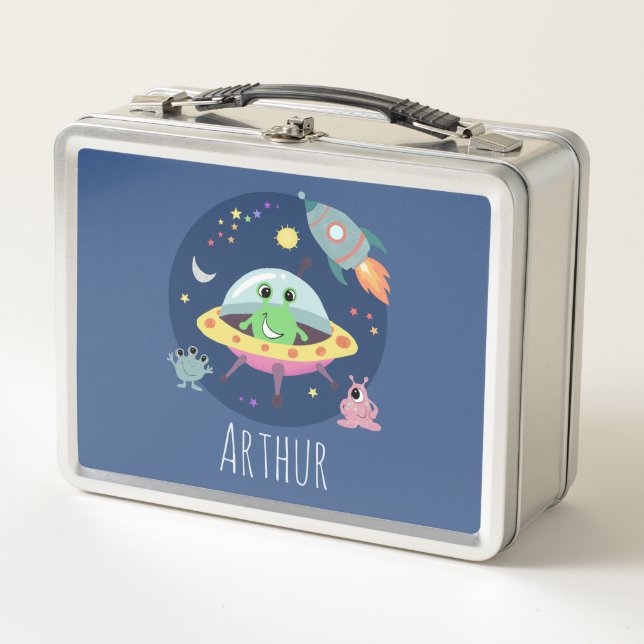 Boys Blue Space Alien Monster Kids Metal Lunch Box (Front)