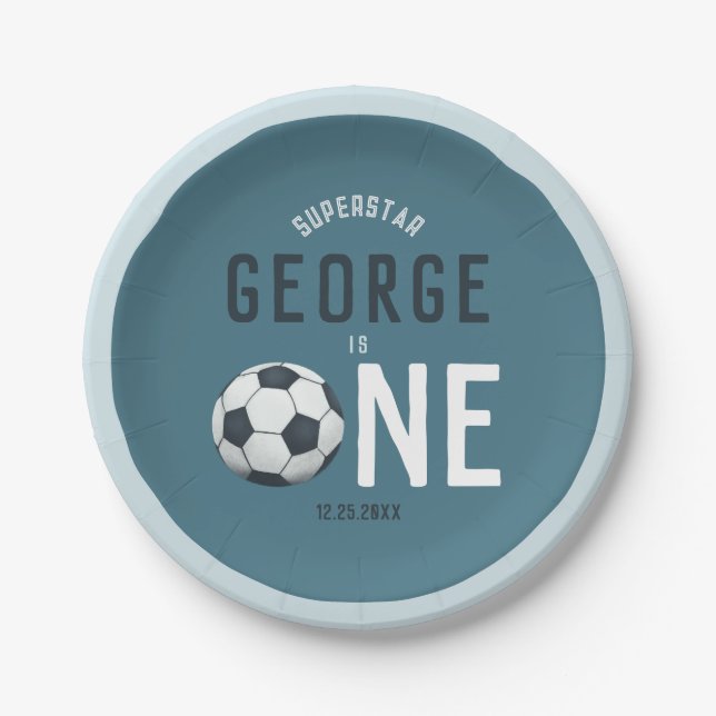 Boys Blue Sports Kids 1st Birthday Paper Plate (Front)