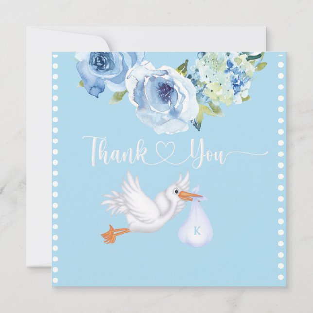 Boys Blue Stork Monogram Floral Baby Shower  Thank You Card (Front)