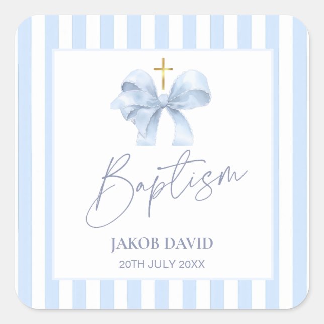 Boy's Blue Striped Baptism Favour Sticker with Bow (Front)