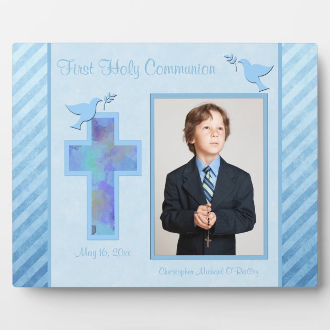 Boy's Blue Striped First Holy Comunion Plaque (Front)