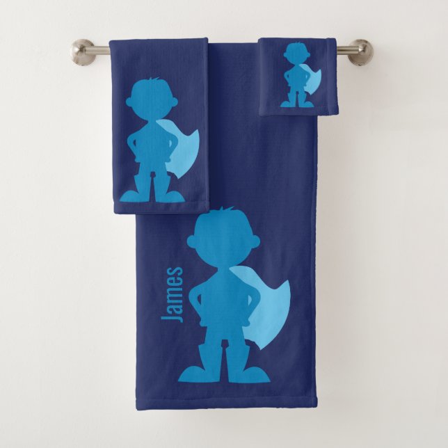 Boys Blue Superhero Silhouette Personalised Kids Bath Towel Set (Insitu)