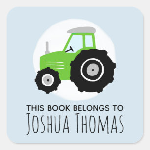 Boys Blue This Book Belongs Green Tractor Kids Square Sticker