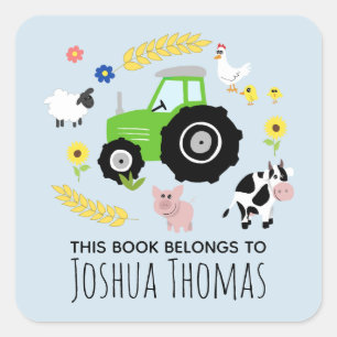 Boys Blue This Book Belongs Green Tractor Kids Square Sticker