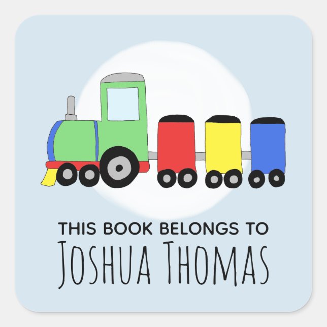 Boys Blue This Book Belongs Train and Name Kids Square Sticker (Front)