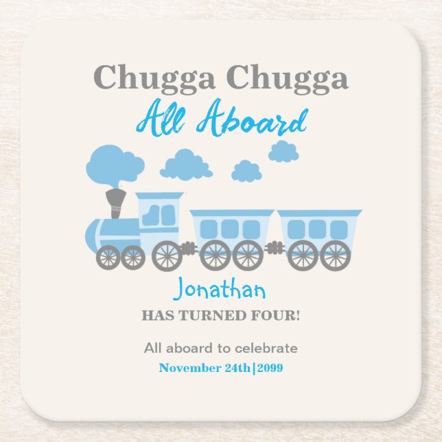 Boys Blue Train Any Age Birthday Party Square Paper Coaster (Front)