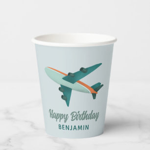 Boys Blue Travel Aeroplane Kids Birthday Paper Cups