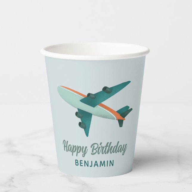 Boys Blue Travel Aeroplane Kids Birthday Paper Cups (Front)