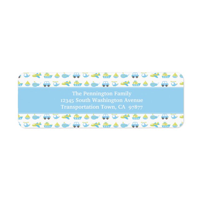 Boys blue travel time personalised address label (Front)