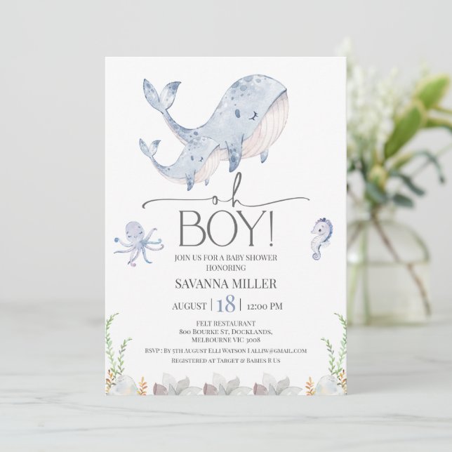 Boys Blue Under Sea Whale Calf Baby Shower Invitation (Standing Front)