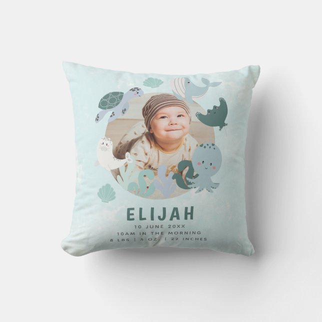 Boys Blue Under The Sea Birth Stats Custom Photo Cushion (Front)