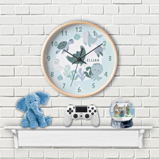 Boys Blue Under The Sea Ocean Animals & Name Kids Round Clock (Creator Uploaded)